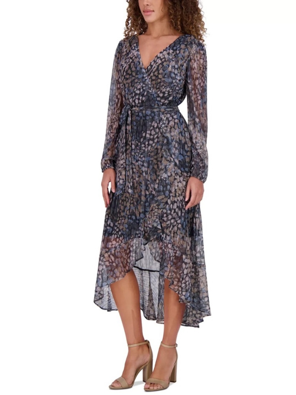 Kensie Shimmery Sheer Floral Wrap High-Low Dress